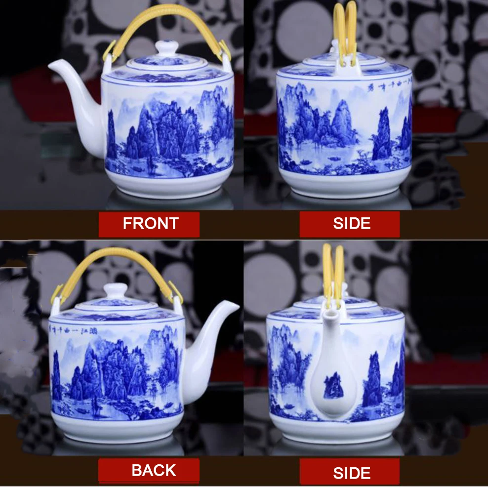 2L, Chinese style ceramic teapot, Large capacity cold kettle, Blue and white porcelain kettle for tea brewing in mug, tea set