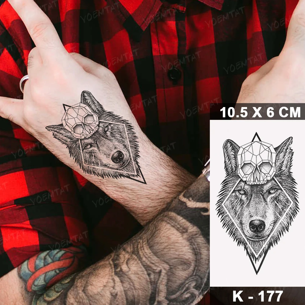 Pegatina de tatuaje temporal a prueba de agua, tatuajes falsos, arte corporal realista, Animal, Lobo, Rosa en el brazo, tatuaje negro para hombres,