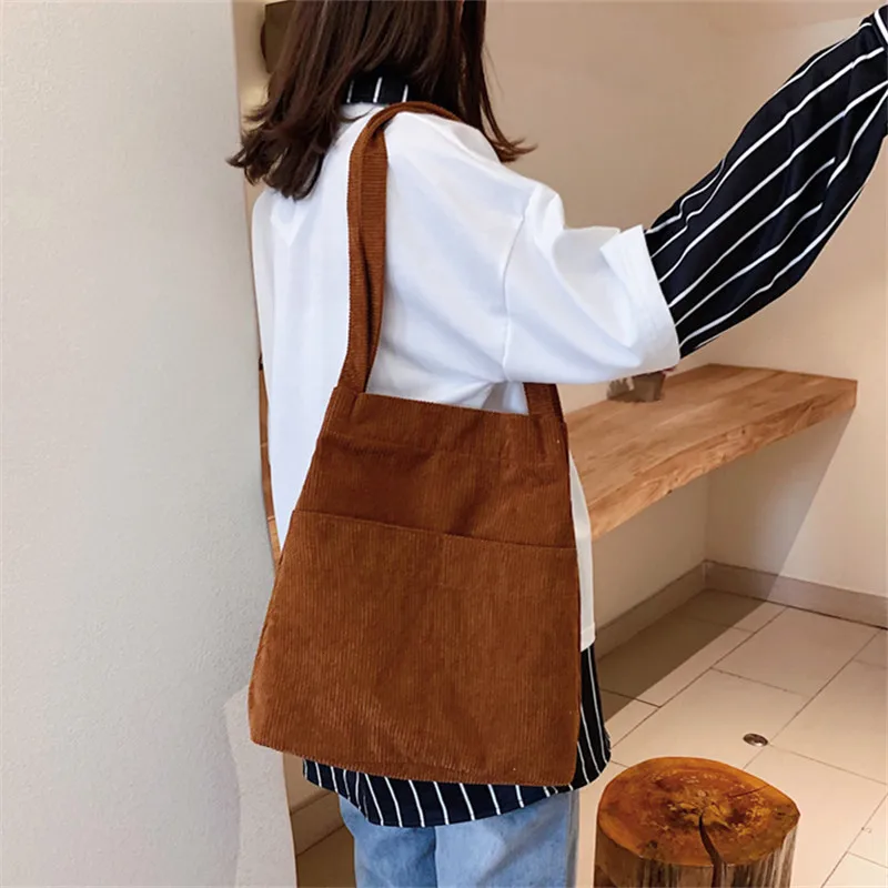 Winter Women Corduroy Handbag Canvas Single Shoulder Bag Fashion Female Casual Solid Color Tote Crossbody Bag Shopper Bag