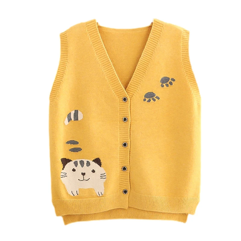 Kawaii Sweater Girls Pink Knitted Vest Cute Cartoon Cat Fashion Sleeveless Button Down Cardigan Women Vintage School Blue Jumper