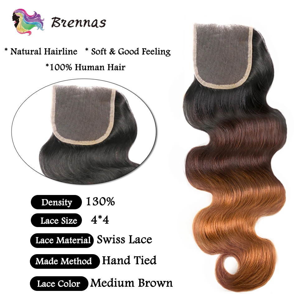 Brazilian Body Wave Human Hair Bundles With Closure 1B/4/27 100% Human Hair Weaves Ombre Body Wave Bundles With 4x4 Lace Closure