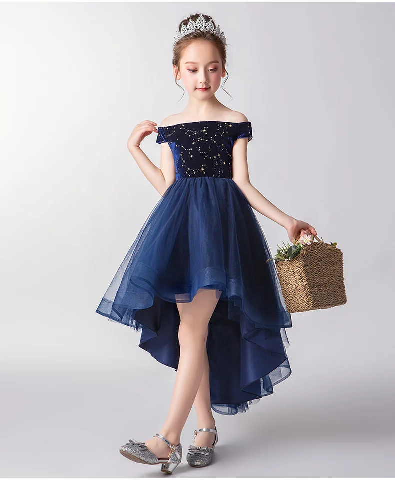 Elegant Dark Blue Lace Beads Girl Party Dress Off Shoulder First Communion Gown Girl Pageant Gown Flower Girl Dress for Weddings