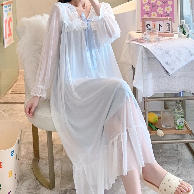 Romantic Nightgown Women Autumn Mesh Fairy Night Dress Victorian Peignoir Vintage Princess Sleepwear Lolita Nightie Nightdress