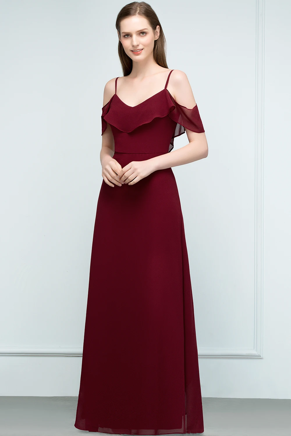 In Lager Burgund Rüschen Lange Abendkleider Sexy Backless Frauen Party Kleid Off Schulter EINE Linie Formale Kleid vestidos novia