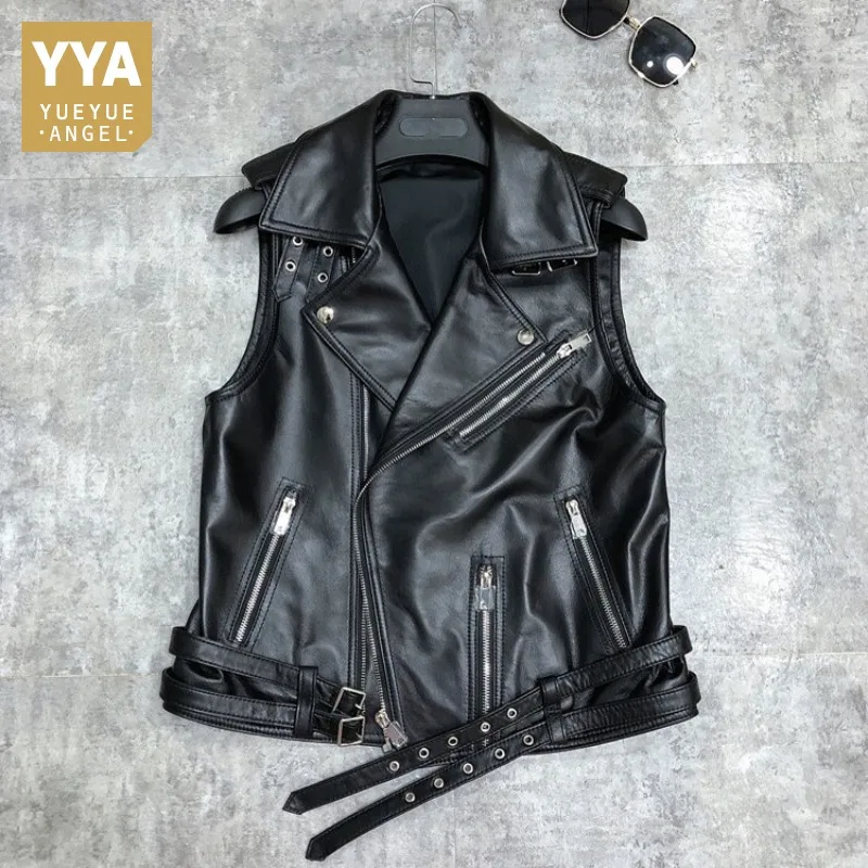 Luksusowa kamizelka motocyklowa z owczej skóry damska Street Zipper Punk kurtka bez rękawów styl OL 100% prawdziwa skóra luźna krótka kamizelka S-3XL