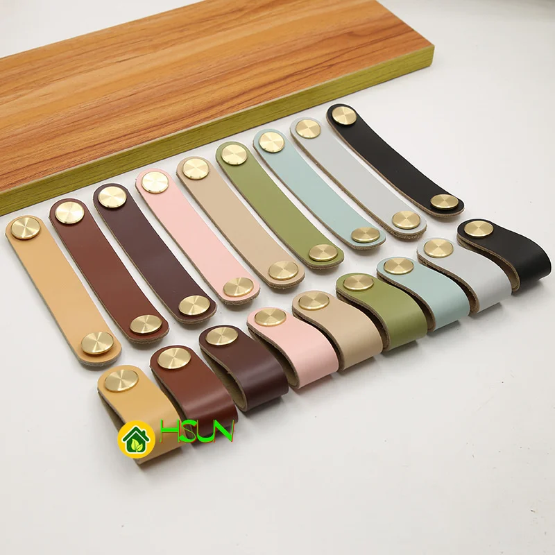 

2 pcs Cupboard door brass color leather handle simple cupboard wardrobe drawer pure copper leather handle case foreskin handle