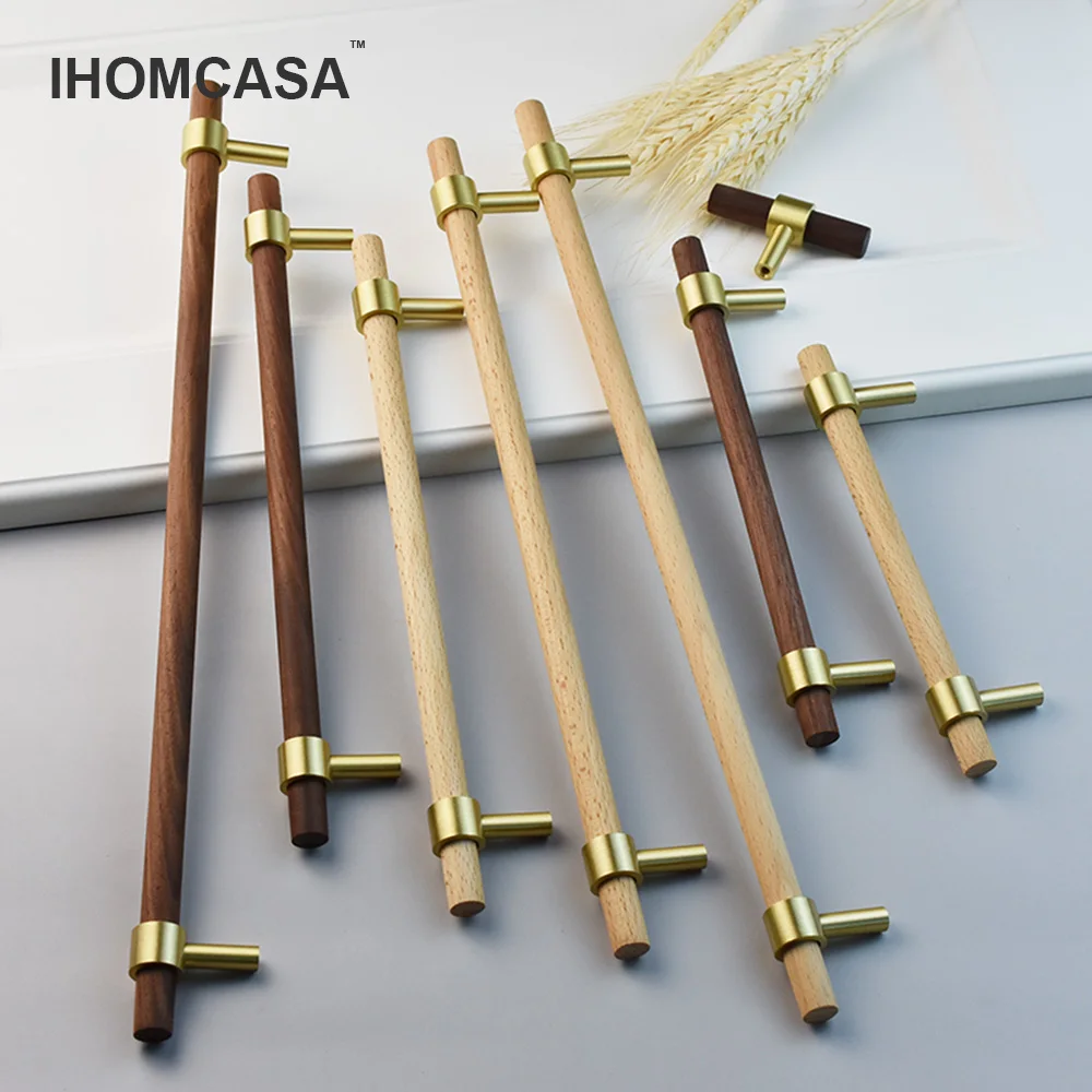 IHOMCASA-tiradores de latón para muebles, pomos de madera de nogal negro, estilo nórdico, armario, tocador, caja de zapatos, cajón