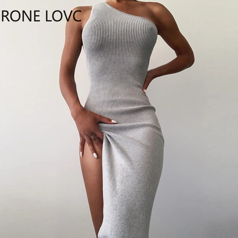 Women Soild High Slit Knit One Shoulder Maxi Dress  Elegant Fashion Chic Sexy Dress