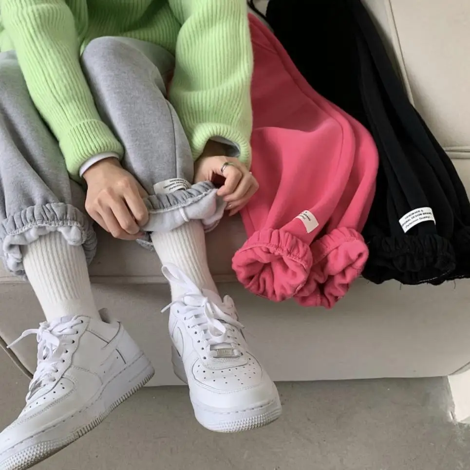 2021 frauen Rose rot Grau Dicke Warme Hosen Dame Lose Plus Samt Sport Jogginghose Weiblich Workout Hosen Herbst Winter Hosen