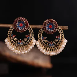 Women's Vintage Ethnic Geometric Flower Earrings Hangers Bohemian Bollywood Pearls Tassel Indian Jhumka Earrings Wedding Jewelry