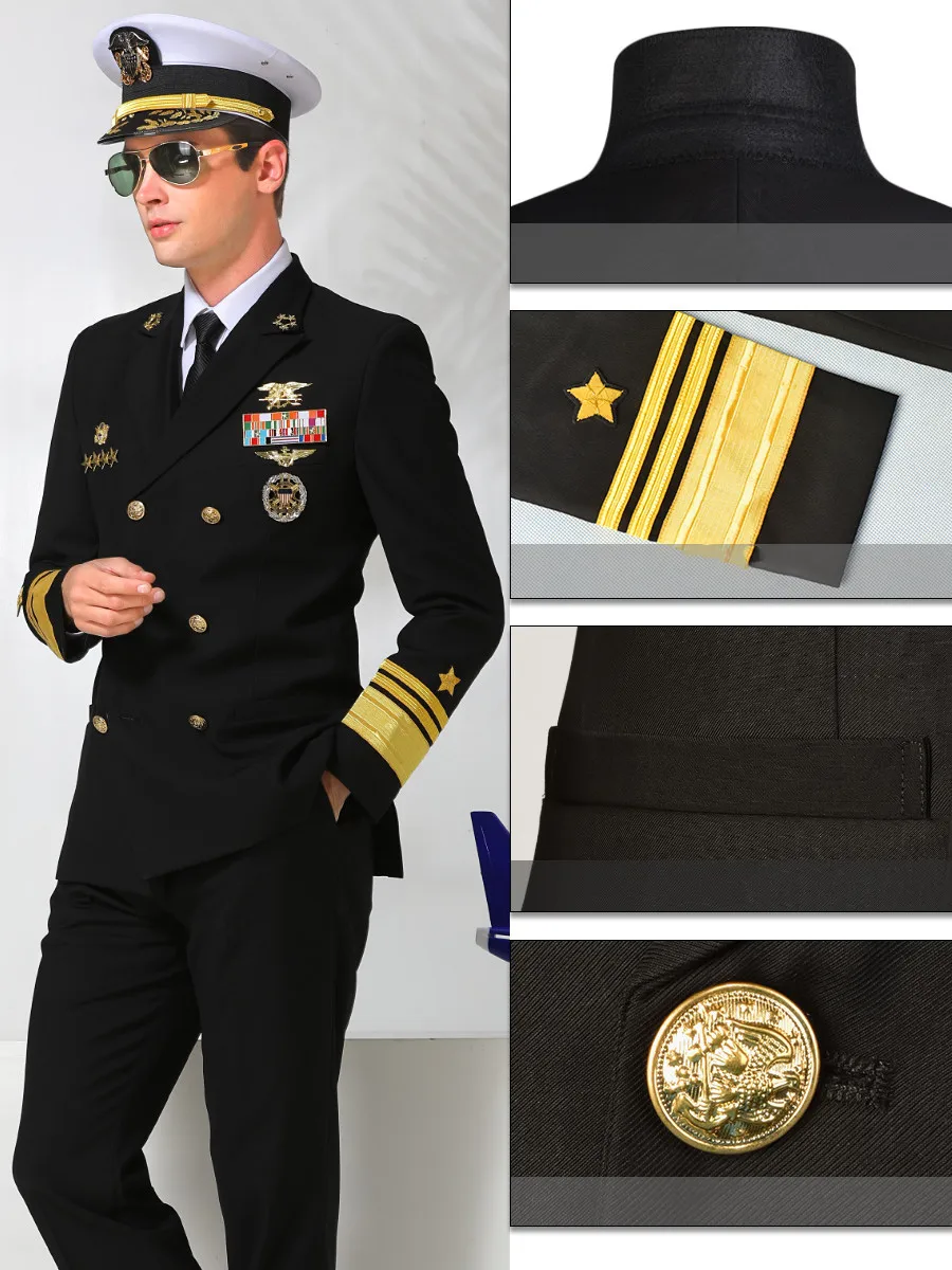 American Captain Uniform Pilot Colonel Suits Men Stage Performance Black Costumes Business Casual Blazer Suit