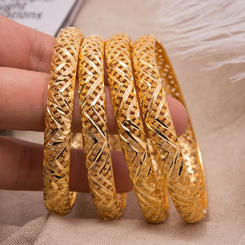 Annayoyo 4Pcs Gold Color Bangles  For Women Jewelry Dubai Bangles Ethiopian Bride Wedding Dubai Bracelet Party wedding Gifts