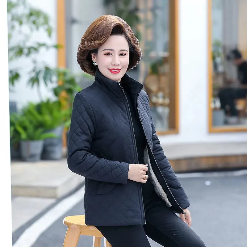 Autumn Winter Jacket Women 2022 New Solid Plus Velvet Cotton Padded Coat  Thin Short Jacket Middle-aged Female Tops