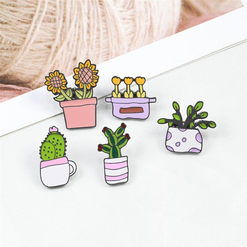 Cute Potted Plant Enamel Pins Cartoon Sunflower Cactus Green Brooches Succulent Shirts Lapel Pin Badge Fashion Jewelry for Kids