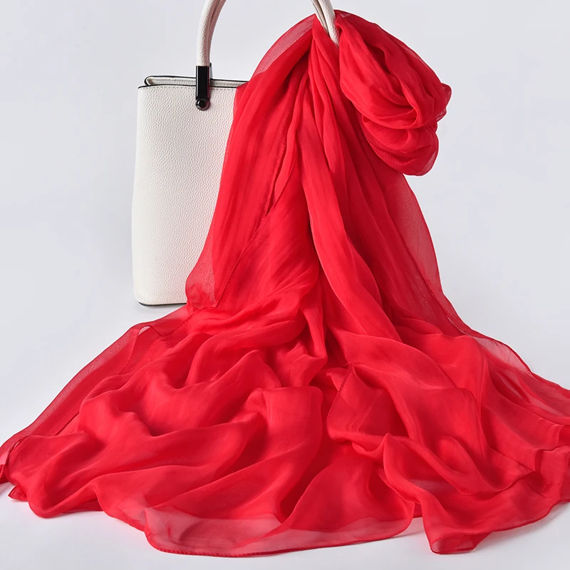 

100% Silk Scarf Women Spring Chiffon Shawls and Wraps for Ladies Solid Red Oversize Real Silk Neckerchief Scarves Stole Hijabs