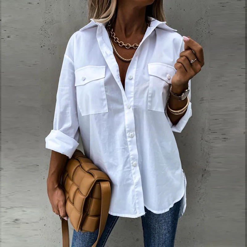 Women Casual Long Sleeve Pockets Lapel Shirts Elegant White Blouses Vintage Harajuku Button Loose Tops Irregular Tunic Autumn