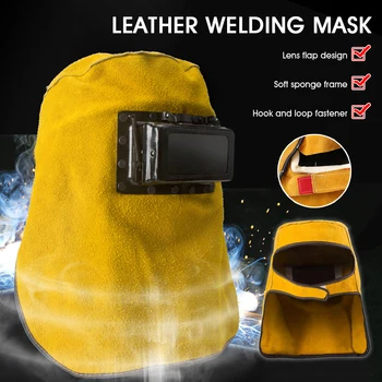 Cowhide welder mask spark proof leather hood protect welding helmet filter lens yellow solder slag Mars Arc Tig Mig head mounted