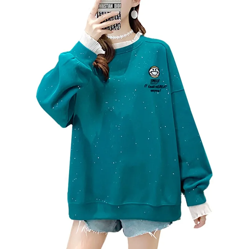 

Spring Autumn Coat Embroidery Smile Harajuku Hoodies Women Korean Thicken Sweatshirt Female Keep Warm Oversized Kawaii Clothing