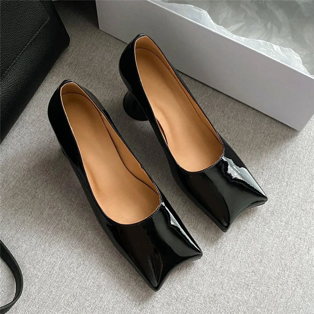 MILI-MIYA Special Design Pumps High Quality Patent Leather Black Shallow Comfortable Block Strange Shaped Heel Handmade Shoes