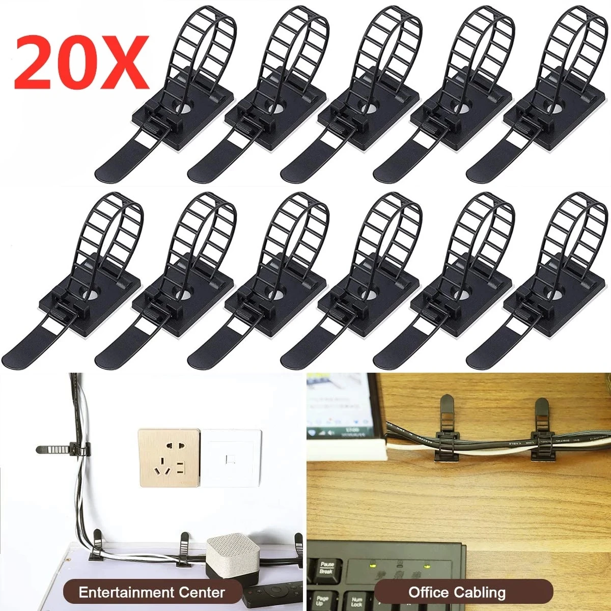 

5/10/20PCS Adhesive Cable Management Clips Adjustable Strap Ties Wire Clamps USB Cable Organizer For Network Power Cord Car Home