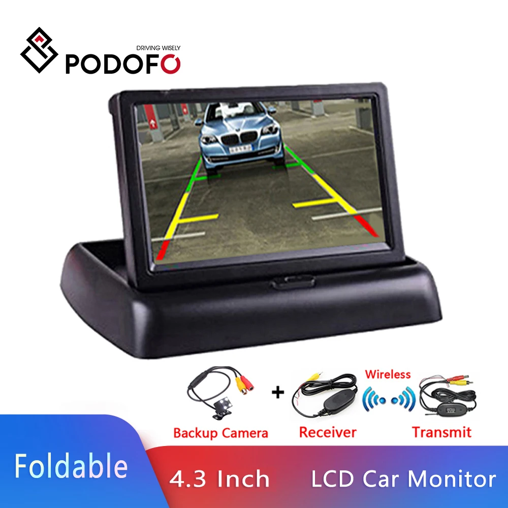 Podofo 4.3 Inch  LCD Car Monitor Foldable Monitor Display Reverse Camera Parking System For Car Rearview Monitors NTSC PAL