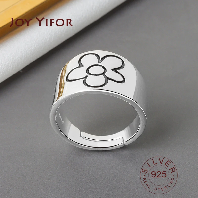 Real 925 Sterling Silver Geometric flower pattern Adjustable Ring Minimalist Fine Jewelry For Women Party Gift adjustable