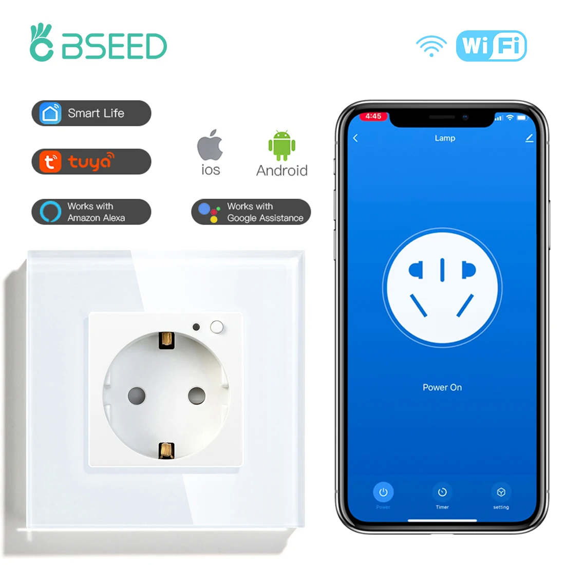 BSEED EU Standard Wifi Wall Sockets Power Monitor Smart Sockets WIFI Socket 86*86mm Smart Life App Control Alexa Wireless Socket