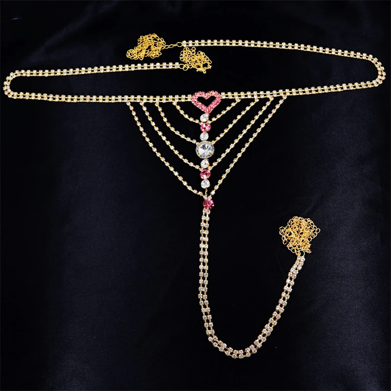 2021 New Fashion Sexy Body Chain Lingerie Pink Crystal Thong Jewelry for Women Bling Rhinestone Belly Waist Chain Body Jewelry