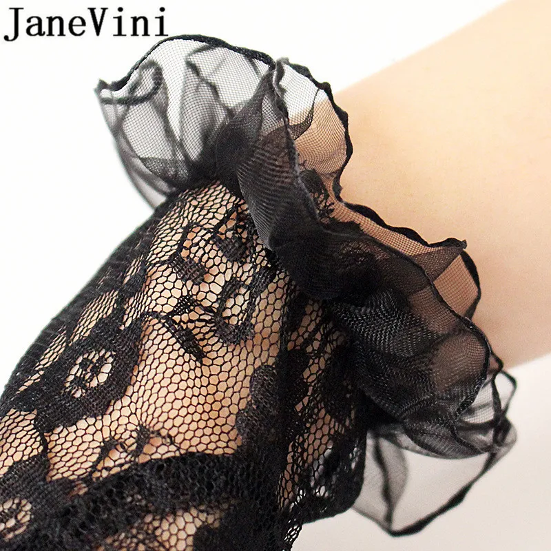 JaneVini Luvas de Noite Preto Sexy Sheer Rendas Dedo Cheio Luvas de Noiva Curto Pulso Comprimento de Casamento Nupcial Luvas gants mariee Novo