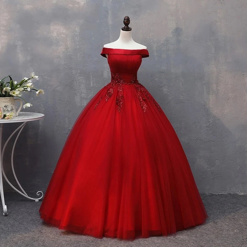 

Angelsbridep Boat Neck Red Tulle Quinceanera Dress Appliques Sequins Ball Gown Sweet 16 Vestidos De 15 Anos Birthday Gowns