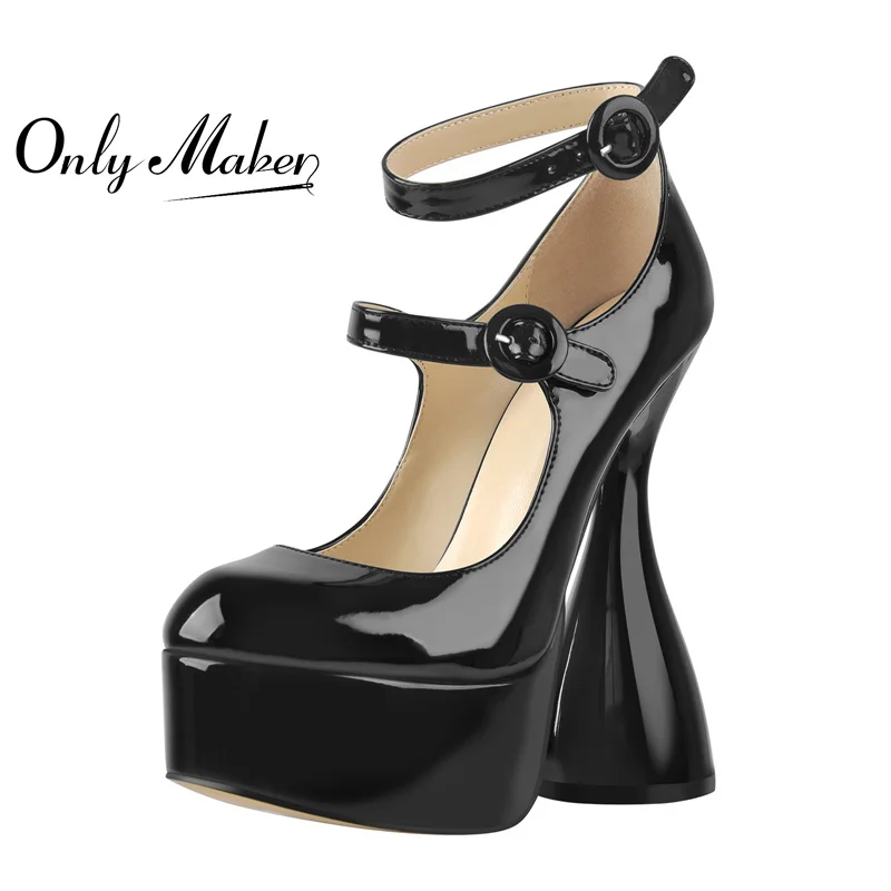 

Onlymaker Women Platform Round Toe Patent Leather Ankle Strap Black High Heel Shoes Fashion Female Big Size Pumps