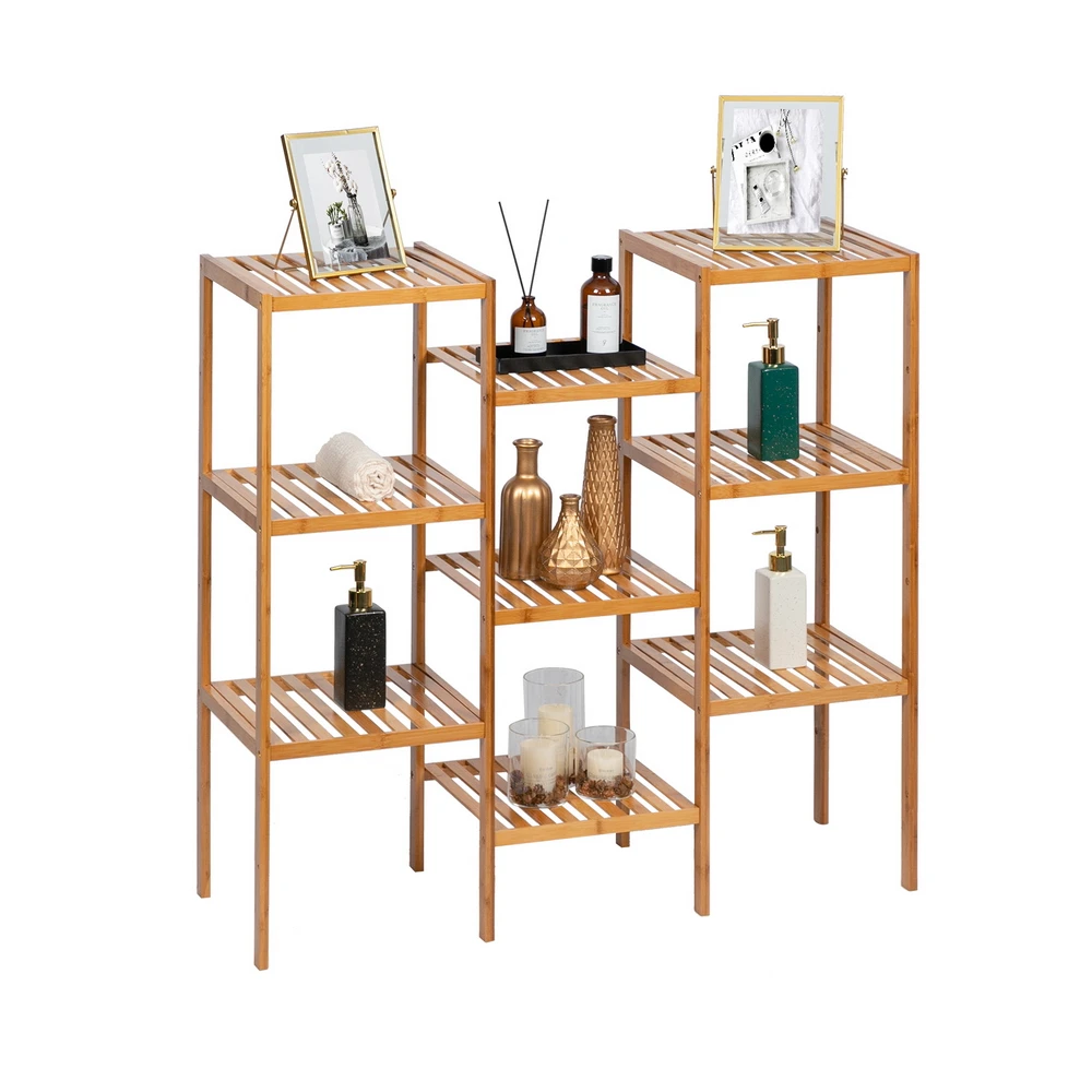 Dudukan Tanaman Kelas Tinggi 100% Rak Display Bingkai 9 Lapis Bambu Multifungsi Rak Pot Bunga 96X90X33CM Alami [Stok AS]