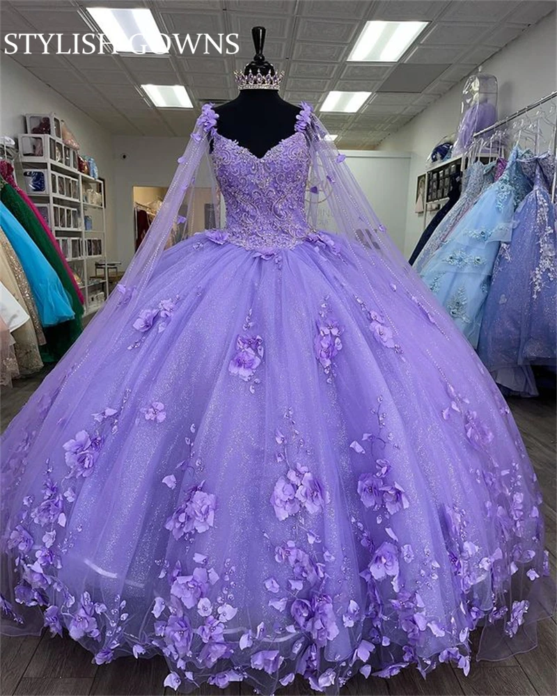 2023 affascinante viola Sweetheart Quinceanera abiti in rilievo abito da ballo con mantello fiori 3D dolce 16 15 Vestidos De Fiesta