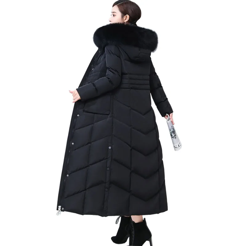 2022 Super Long Down Jacket Women Winter White Duck Down Coats Real Fox Fur Collar Thick Warm Hooded Slim Parkas Overcoat KW162