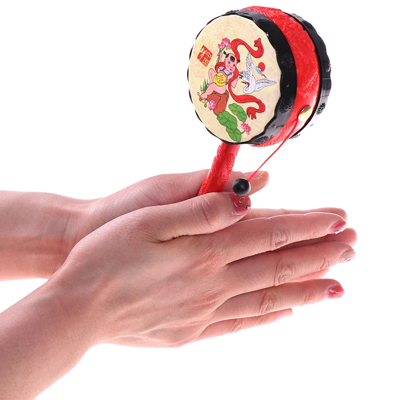 1Pc Chinese Tranditonal Rattle Drum Toy for Baby Boys Girls Red Baby Drum Hammer Rattle Kids Voice Toys Funny Toys Random Print