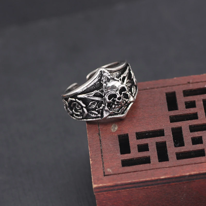 Retro Gothic Skull Ring For Men Boys Male Vintage Engraving Pentagram Rose Flower Metal Punk Rings Cool Jewelry Gifts Anillos