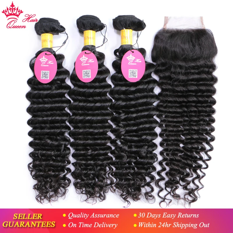 

100% Unprocessed Virgin Human Raw Hair Peruvian Deep Wave Bundles with Lace Closure, Bundle with Closure Queen Hair Products