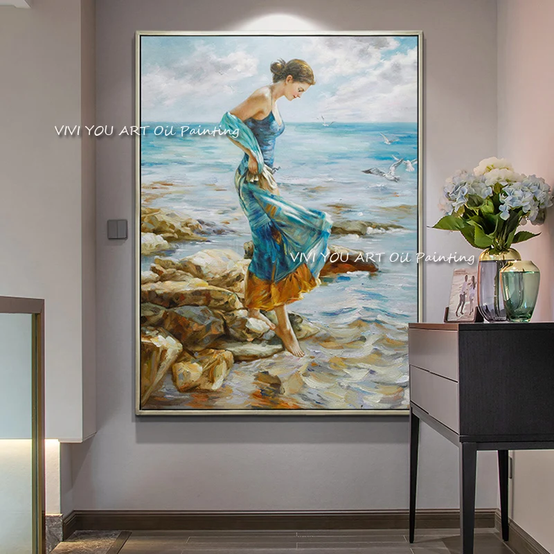 Blue Ocean Sea Wave Woman Canvas Oil Painting Modern Abstract Portrait Art Picture Handmade Wall Poster for Bedroom Living Room