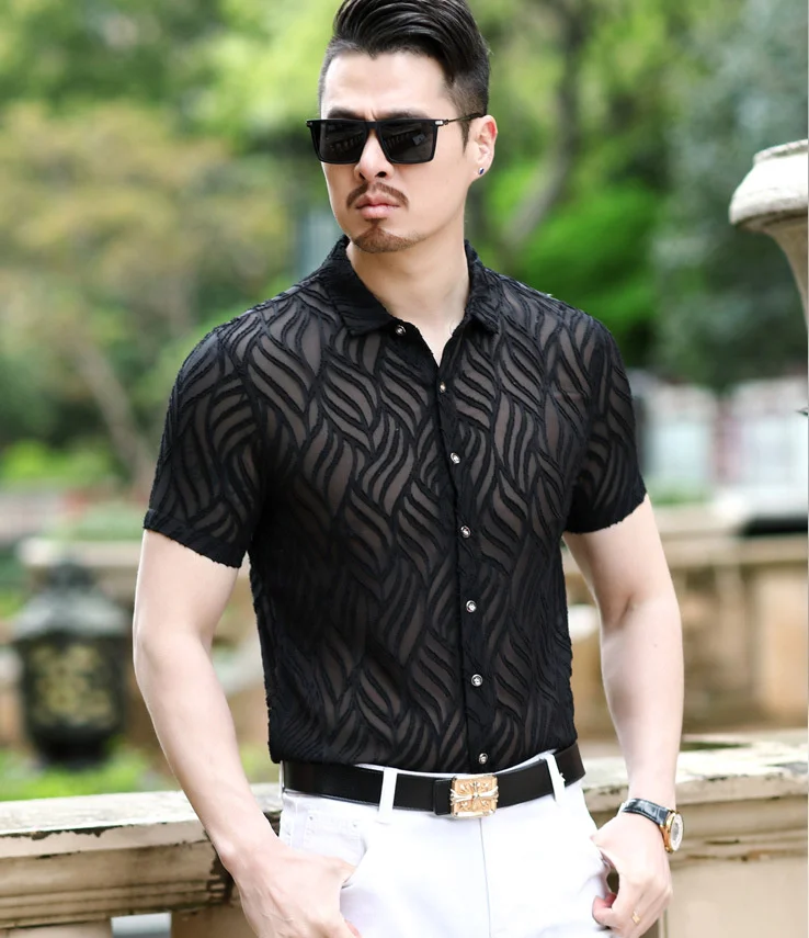 

Short Mens Sleeve Summer Sexy Party Transparent Shirt Black White See Through Shirt Slim Fit Thin Silk Shirt Soft Comfortable