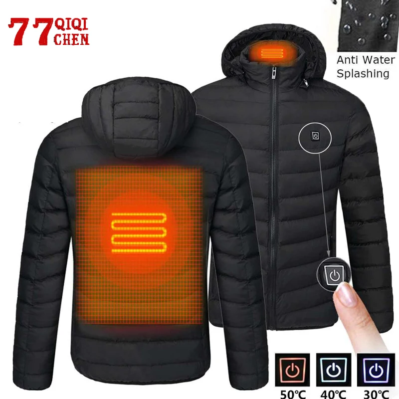 Chaqueta con calefacción térmica para hombre, abrigo de manga larga con USB, con capucha, para exteriores, invierno, 2021