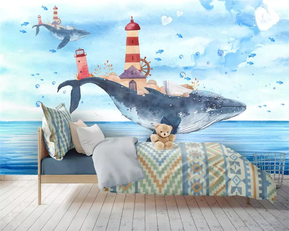 BEIBEHANG wallpaper Custom 3D Fantasy Whale Lighthouse Blue Ocean Hand-painted Flying Fish Children Background Wall Paper Mural