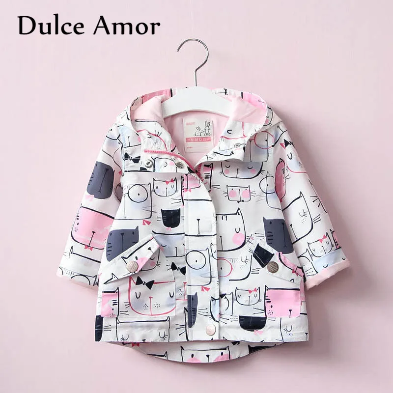 

Dulce Amor Autumn Girls Coat Jacket Kid Full Sleeve Cartoon Graffiti Hooded Outerwear Windbreaker Print Floral Cats Trench Coat