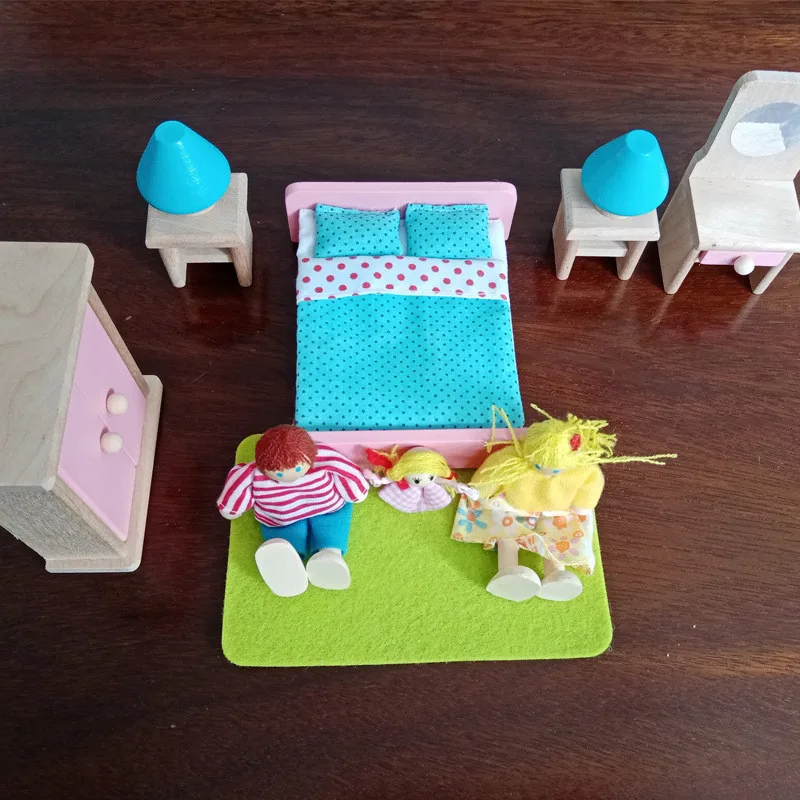 Wooden Dollhouse Colorful Miniature Furniture Set With Dolls Education House Play Toys For Kids Christmas Gifts