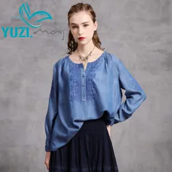 Yuzi-Blusa vaquera Bohemia para mujer, camisa holgada de un solo pecho, estilo Vintage, con cuello redondo, B9298, 2020