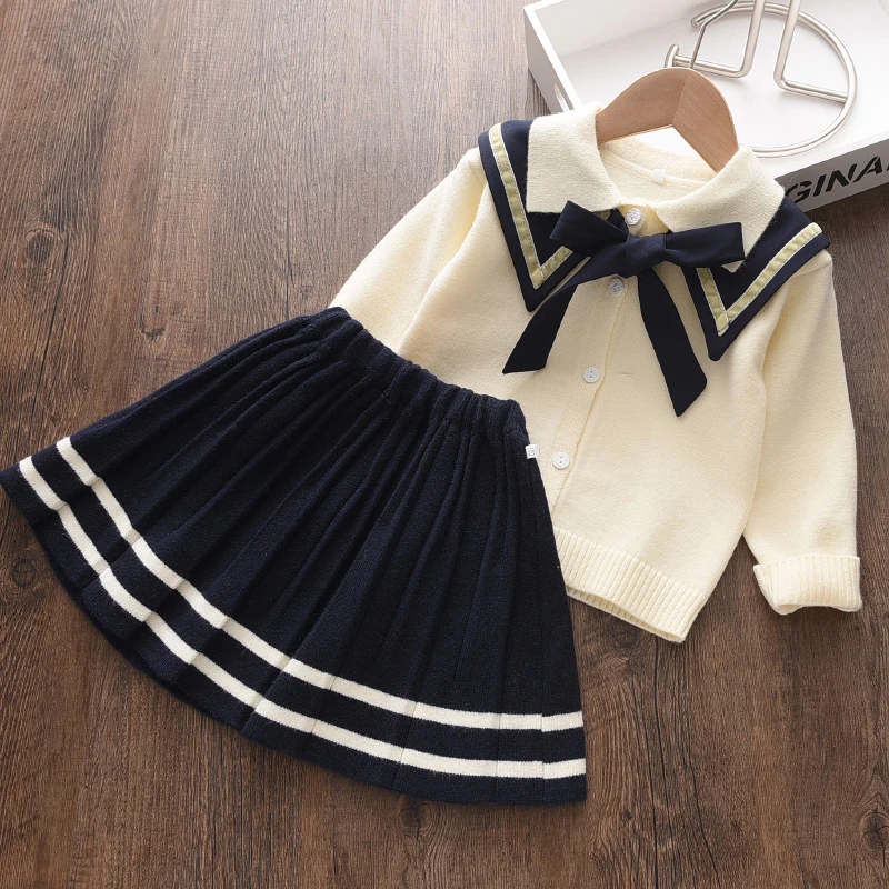 Winter Baby Girls Long Sleeve Knitted Dress Bow Children Warm Lapel Sweater Dress for Girls Infant Casual Pleated Princess Dress