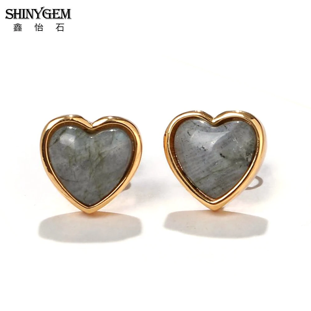 ShinyGem-أقراط كلاسيكية على شكل قلب للنساء ، أقراط من حجر اللابرادوريت الرمادي الداكن ، 12 × 12 مللي متر ، مجوهرات مطلية بالذهب