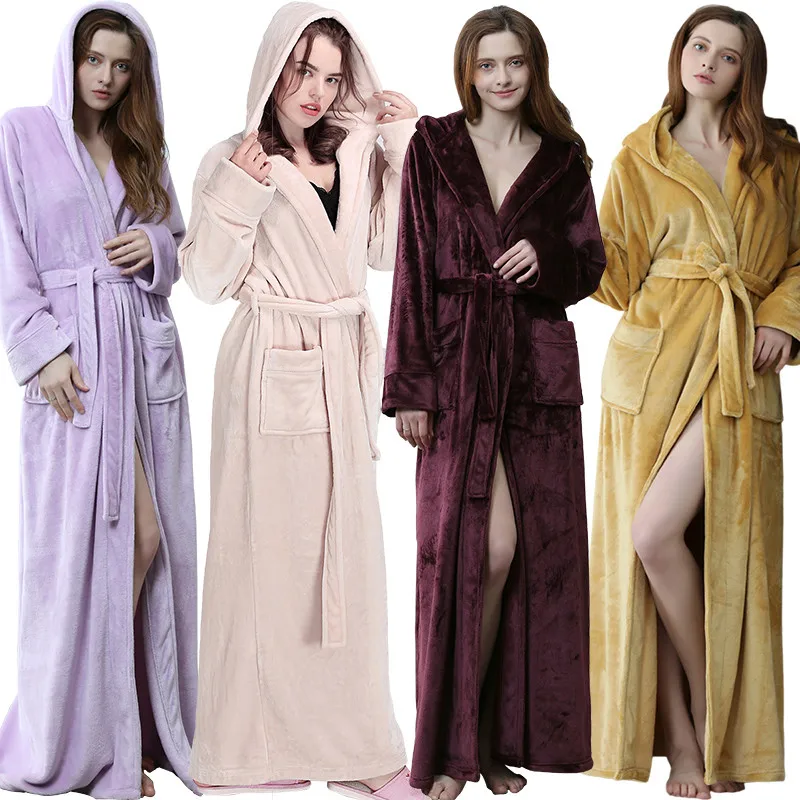 2021 Custom Nightgown Winter Polar Fleece Thicken Hooded Couple Long Sleeve V-neck Tunic Pajamas