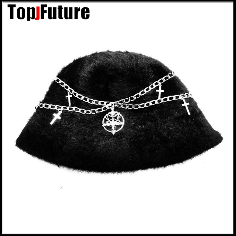 Harajuku Gothic Punk Pentagram โลหะโซ่ Plush สีดำ Fisherman หมวกผู้หญิงฤดูหนาว Warm หมวก Hip Hop Chic Streetwear