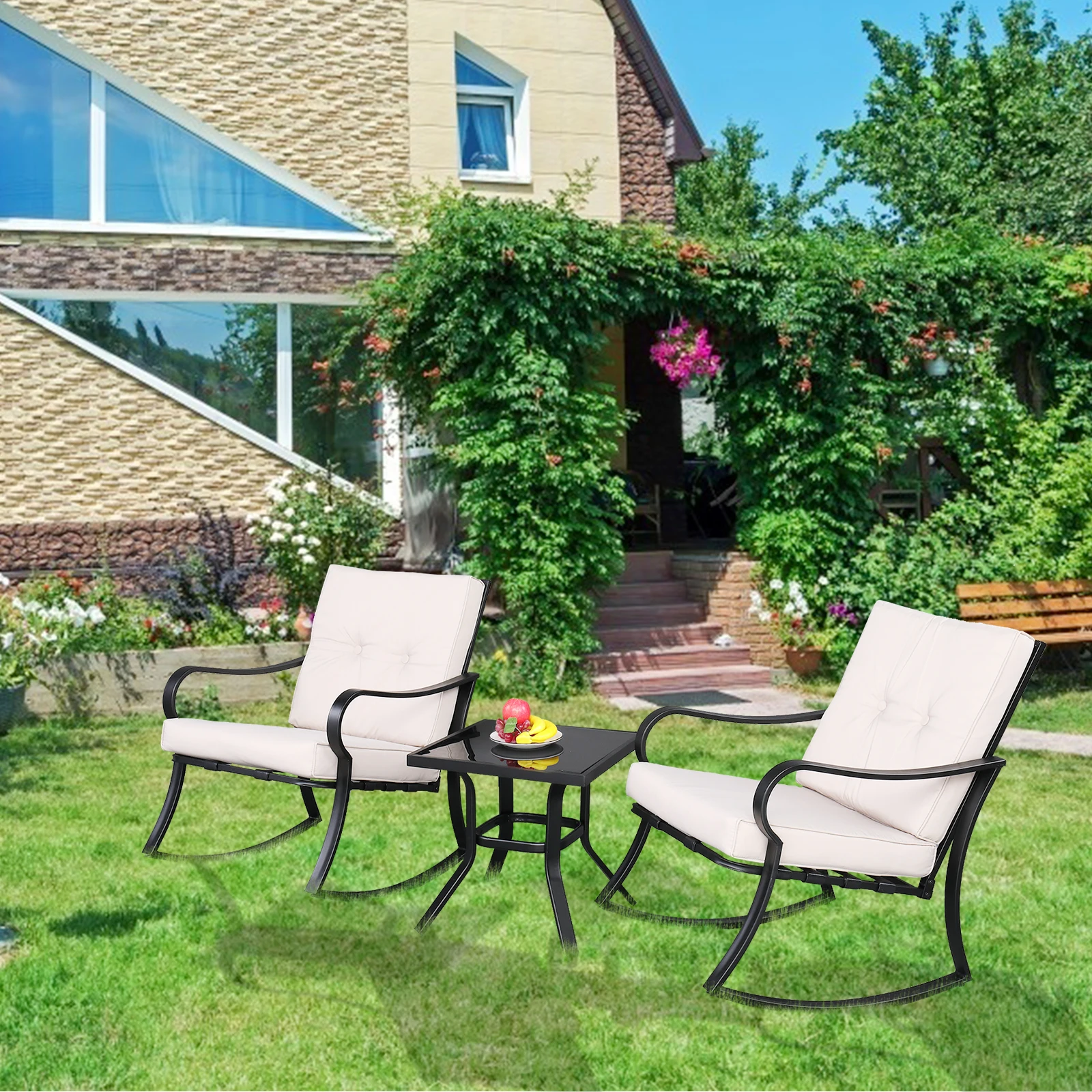 2pcs Strap Rocking Chair And 1pc Coffee Table Disassembly and Assembly Black Frame Beige Cushion Outdoor Furniture