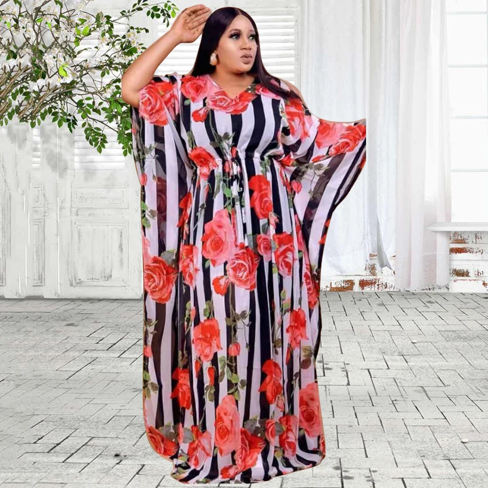 Bobo African Dresses For Women V-collar Long Sleeve Maxi Femme Vestidos Kaftan Flowers Print Stripe Summer Design Robe Gowns